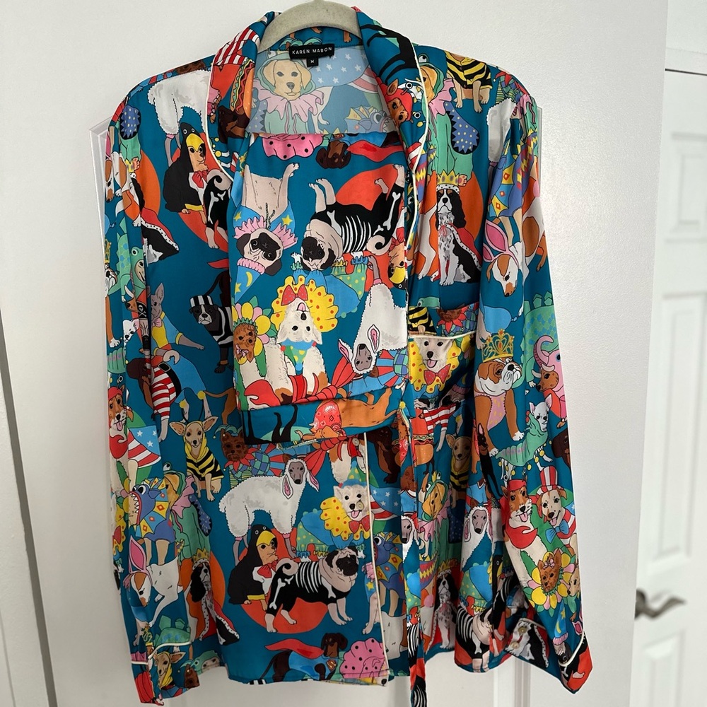 Karen Mabon costume dog print silk pajamas